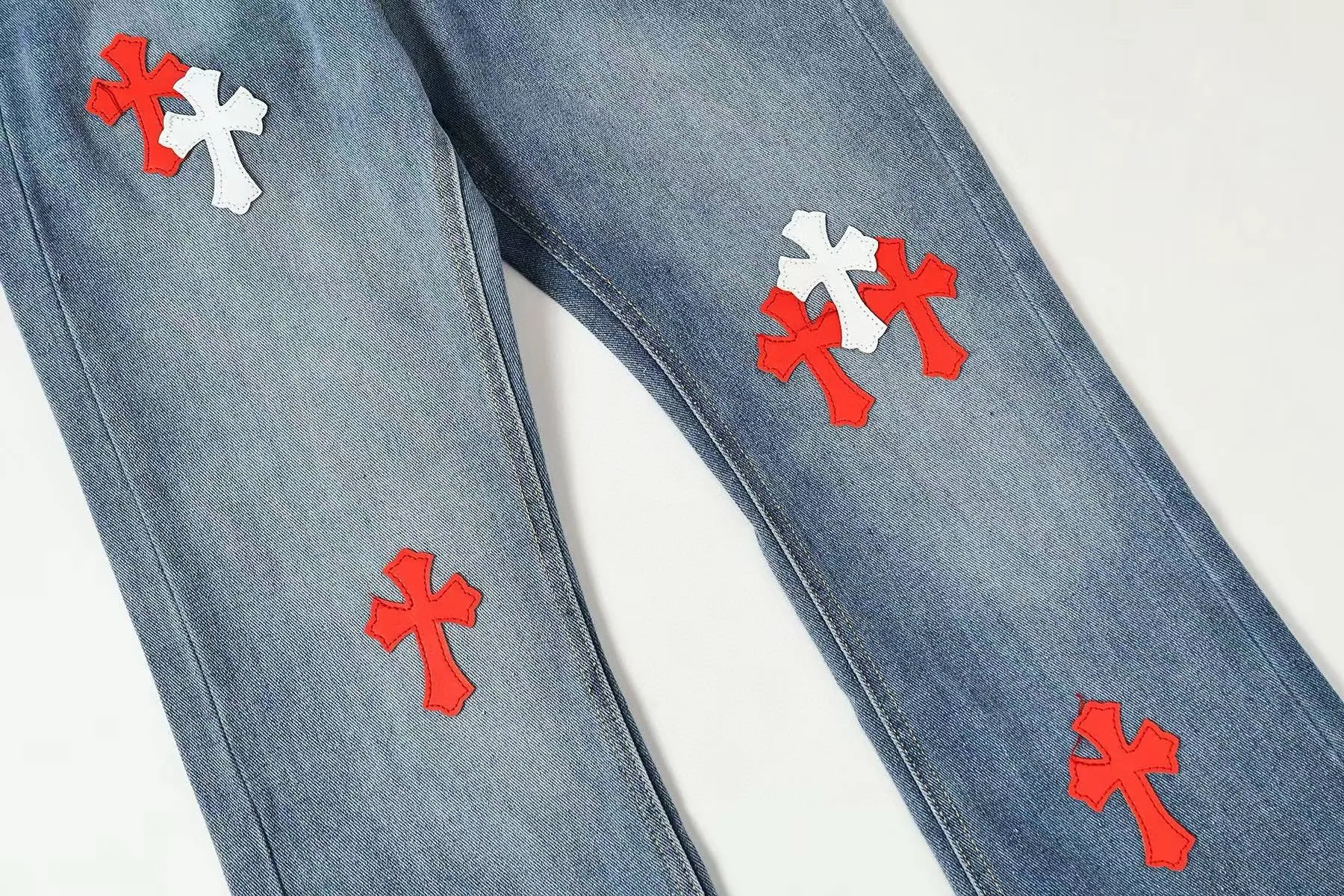P270 Chrome Hearts/Chrome Hearts Classic Color Leather Cross Washed Color Fabric Unisex Denim Trousers Color: Picture Color Code Number: 28-36
